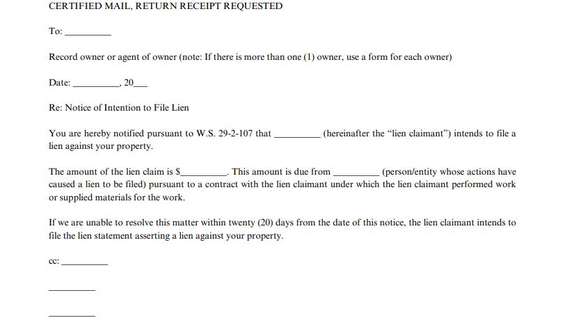 Notice of Intention to File Lien